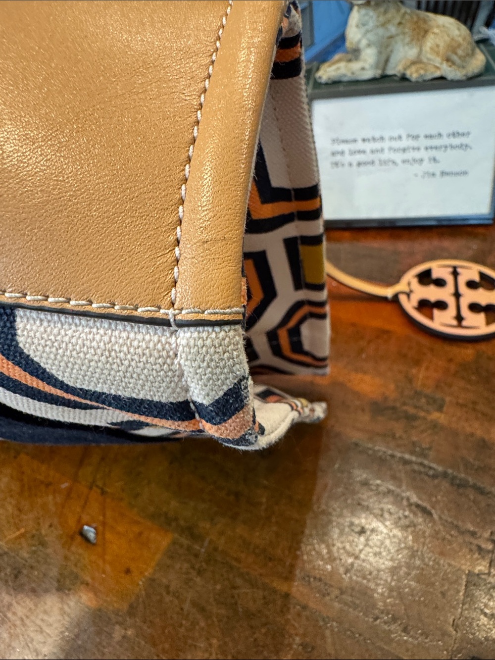 Tory Burch Navy, Coral & Mustard Geometric Canvas Tote with Tan Leather Strap - Picture 10 of 12